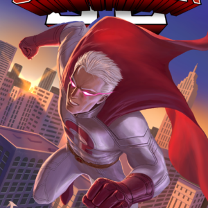 Omega Man issue 1 cover, featuring a silver-haired hero in a silver suit and red cape above the city.